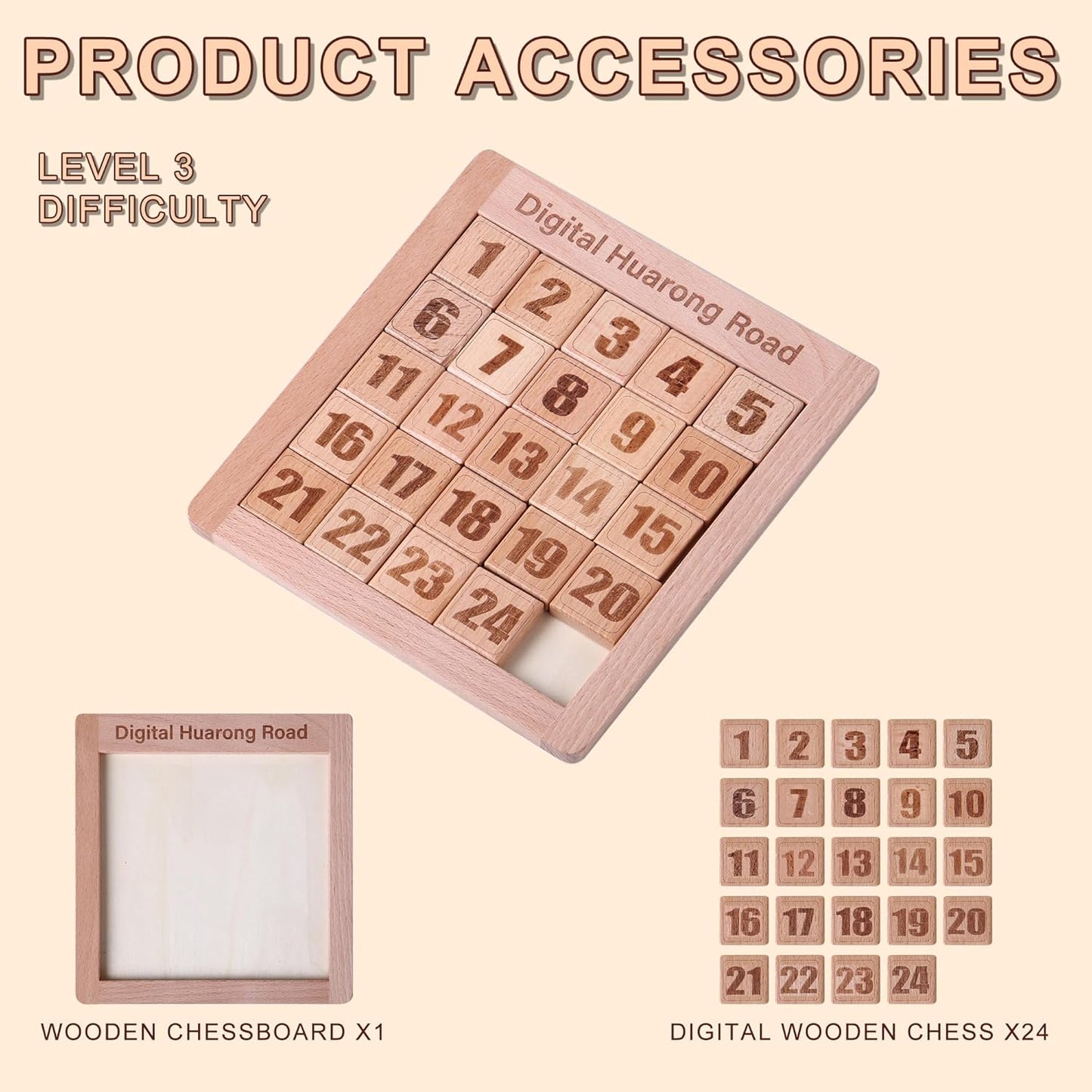 Wooden Number Sliding Puzzle,Brain Teasers Toy Tangram Slide Puzzle Game,Sequential Puzzles Board Game,Educational Toys for Kids and Adults(Number 1-24)