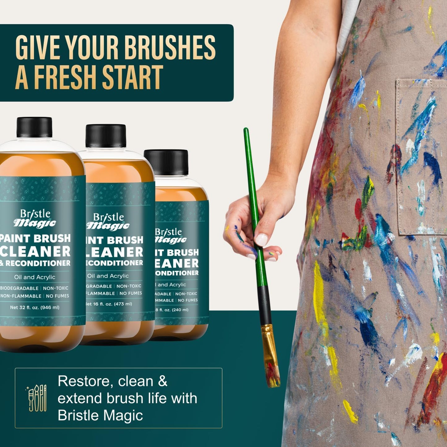 Oil Paint Brush Cleaner and Restorer-Paintbrush Cleaner for Acrylic, Oil, and Glass Paints-Biodegradable, Non-Toxic, Odorless, Eco-Friendly, Quick-Clean Formula Paint Remover (32 Fl Oz)