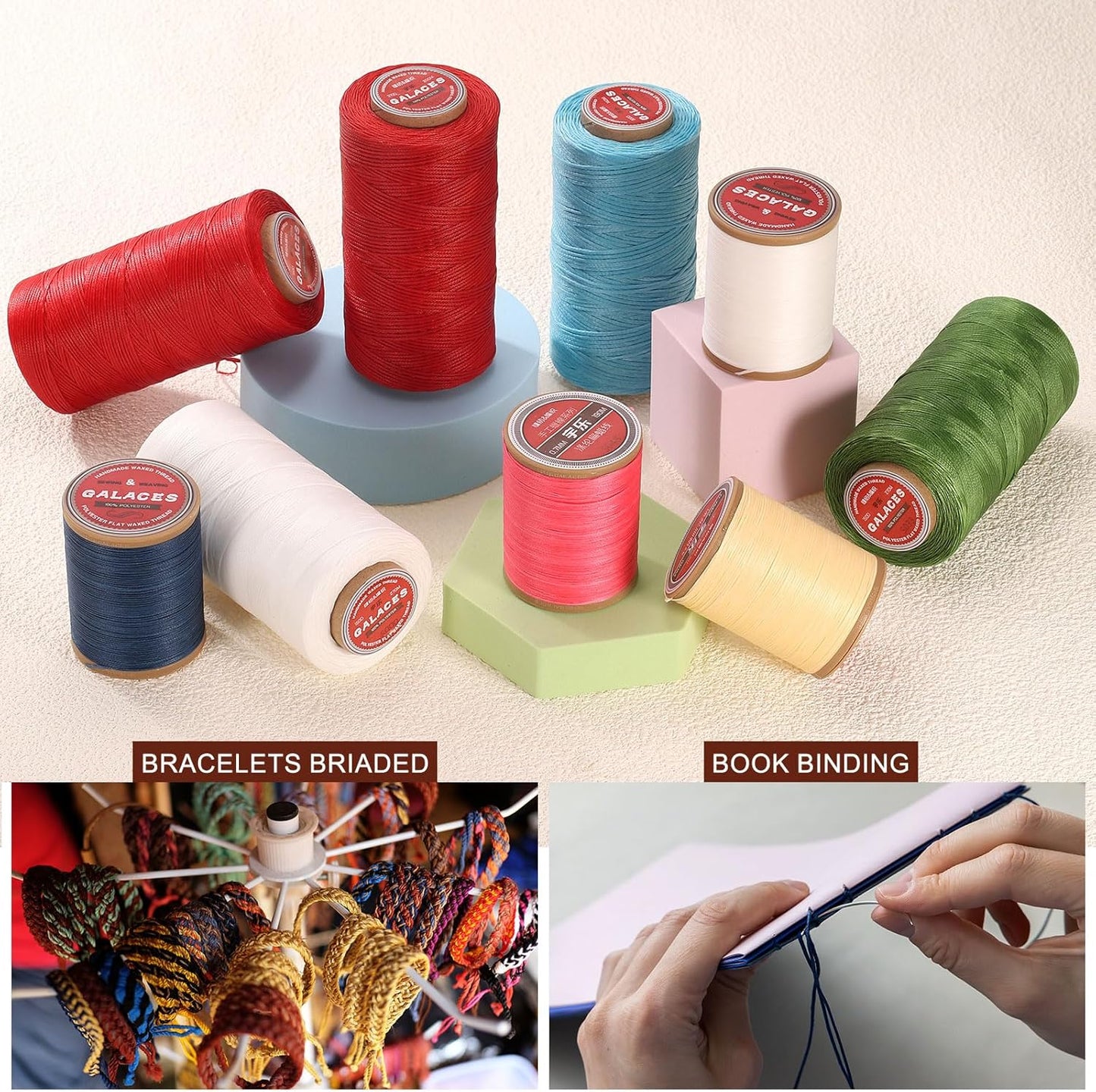 uxcell Flat Leather Sewing Waxed Thread, 270m / 295 Yards Polyester Wax String, 150D Wax Stitching Cord for Leather Crafts, Bookbinding, Bracelets Braided, Sand Yellow