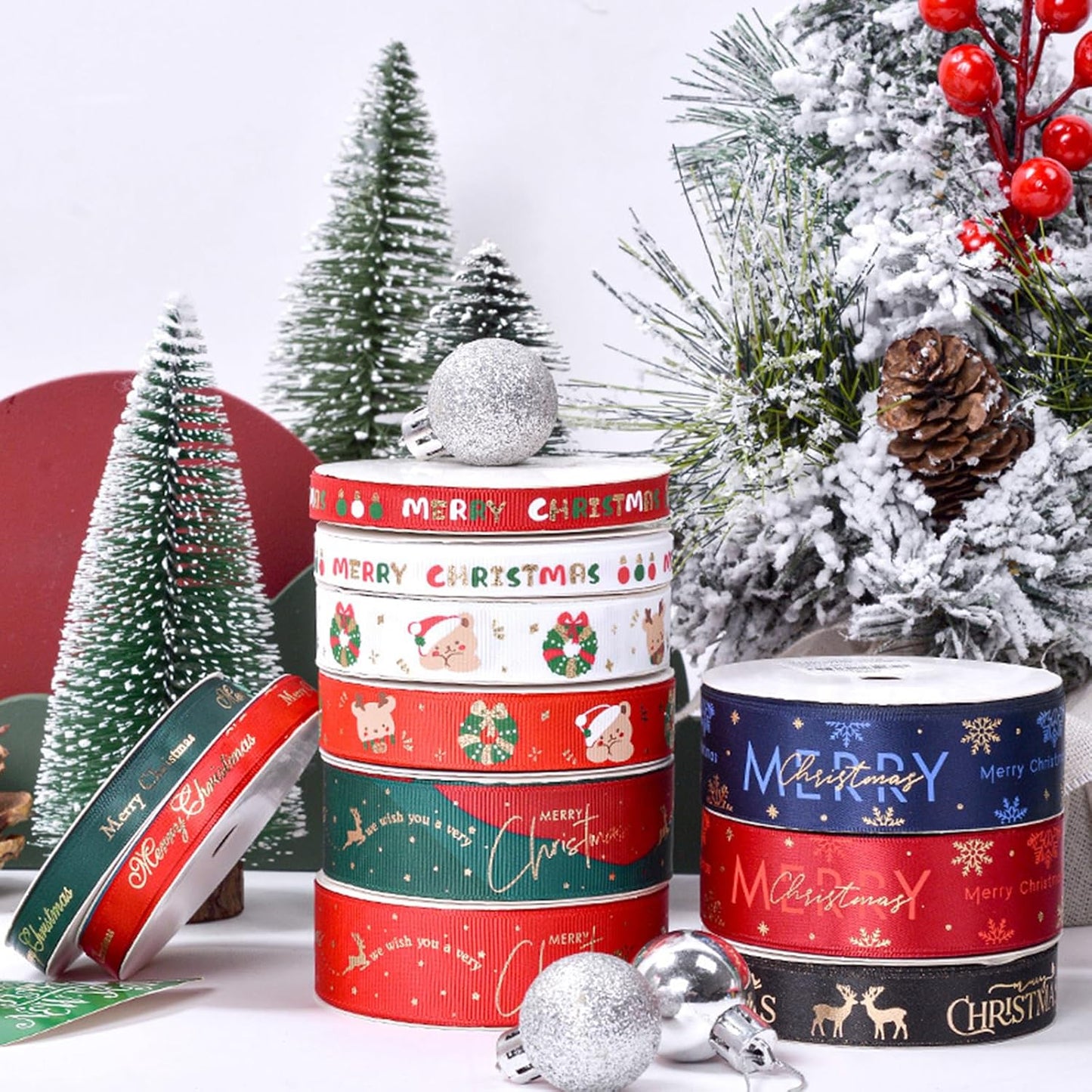 Christmas Gift Wrapping Ribbon, Red, Green, 2 Rolls Printed Grosgrain Ribbons for Crafts, Floral Bouquets, Sewing, Party and Festive Holiday Decor (2 Rolls(White/Red), 1 Rolls=5/8in * 5Yards)