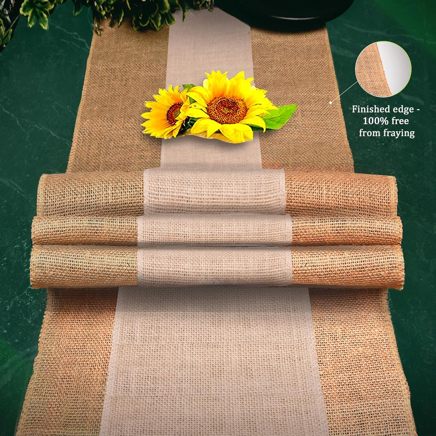 Burlap Table Runners (Pack of 6) – 14”x 72” - No-Fray Finished Edge Burlap Runner – No Odor Farmhouse Style White Stripe on Natural Table Runner - Perfect for Christmas, Wedding, Thanksgiving