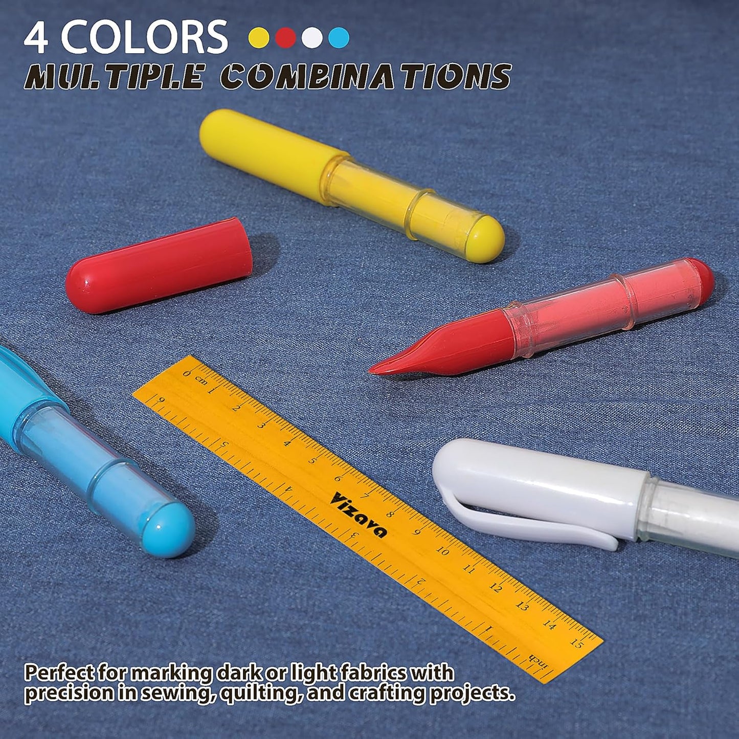 Fabric Chalk Markers for Sewing,Quilting,Crafting|Erasable Tailor Chalk|Work on Various Fabrics|Dosing Wheel Drawing Precise Line(2pk Red,White professional tailors chalks pencil&1Ruler)