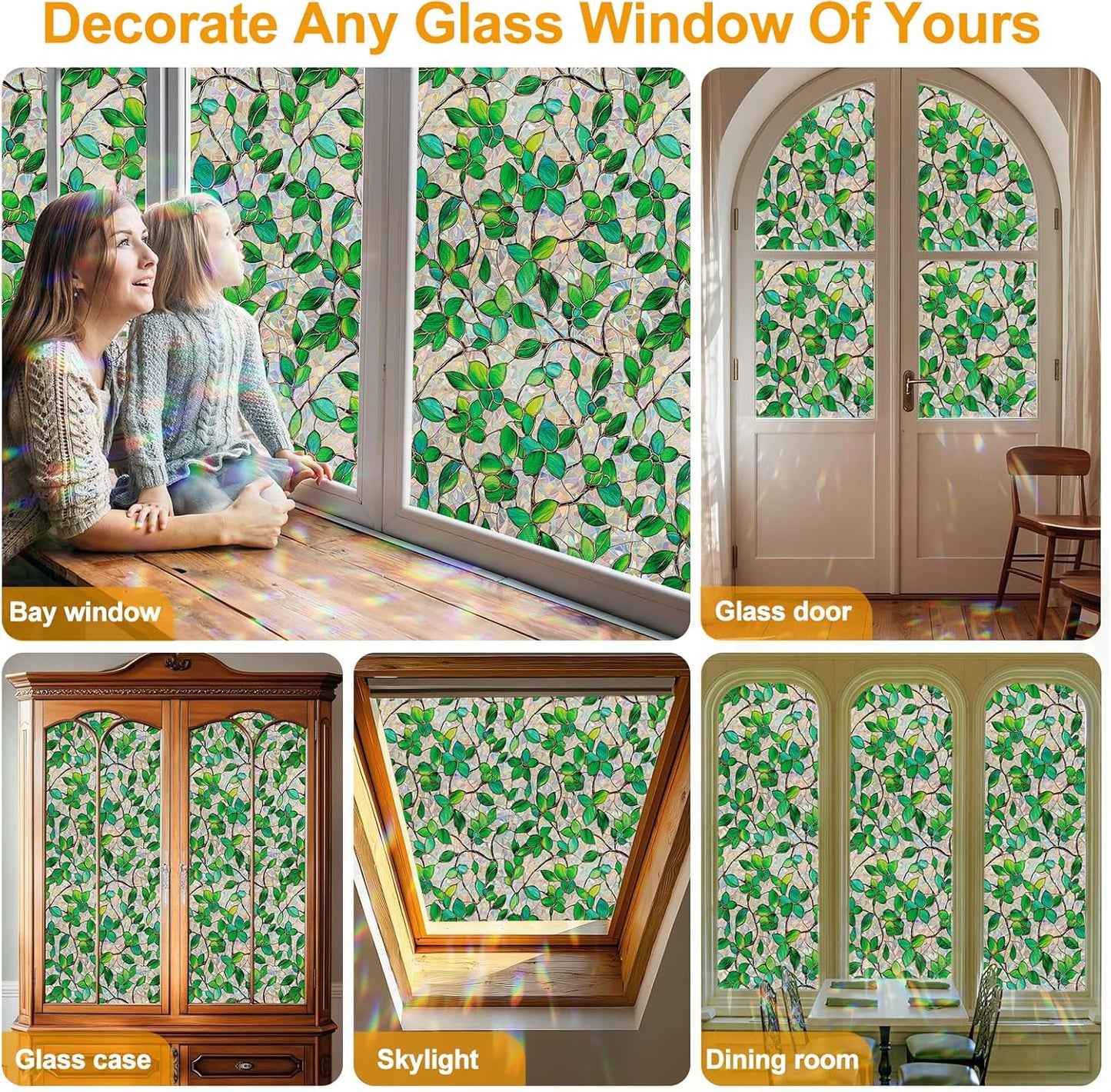 Window Privacy Film Stain Glass Window Film Rainbow Window Film Window clings Non-Adhesive Reusable Decorative for Room (Greenery Leaf, 17.5 x 157.4 in)