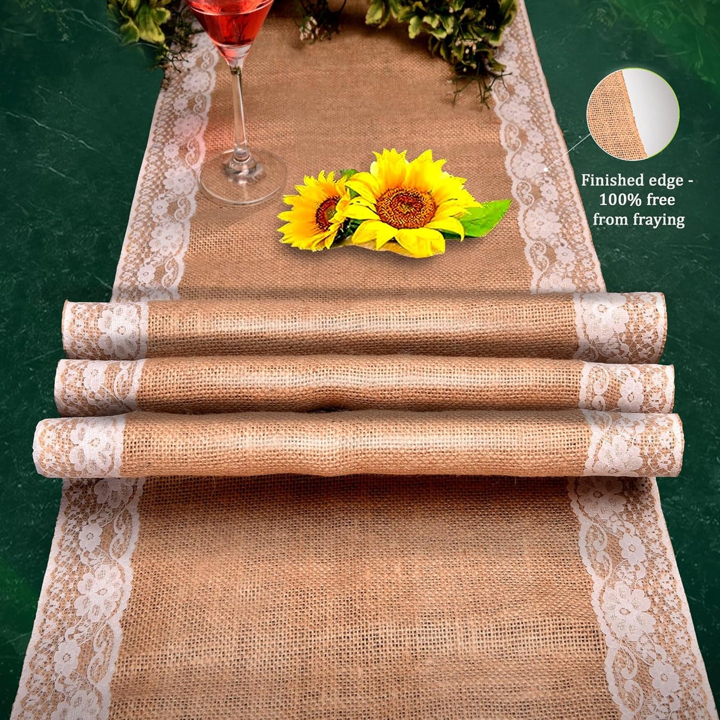 Burlap Lace Table Runner (Pack of 3) – 12”x 108” - No-Fray Finished Edge Natural Table Runner – No Odor, Eco-Friendly Burlap Runner - Perfect for Christmas, Wedding, Thanksgiving