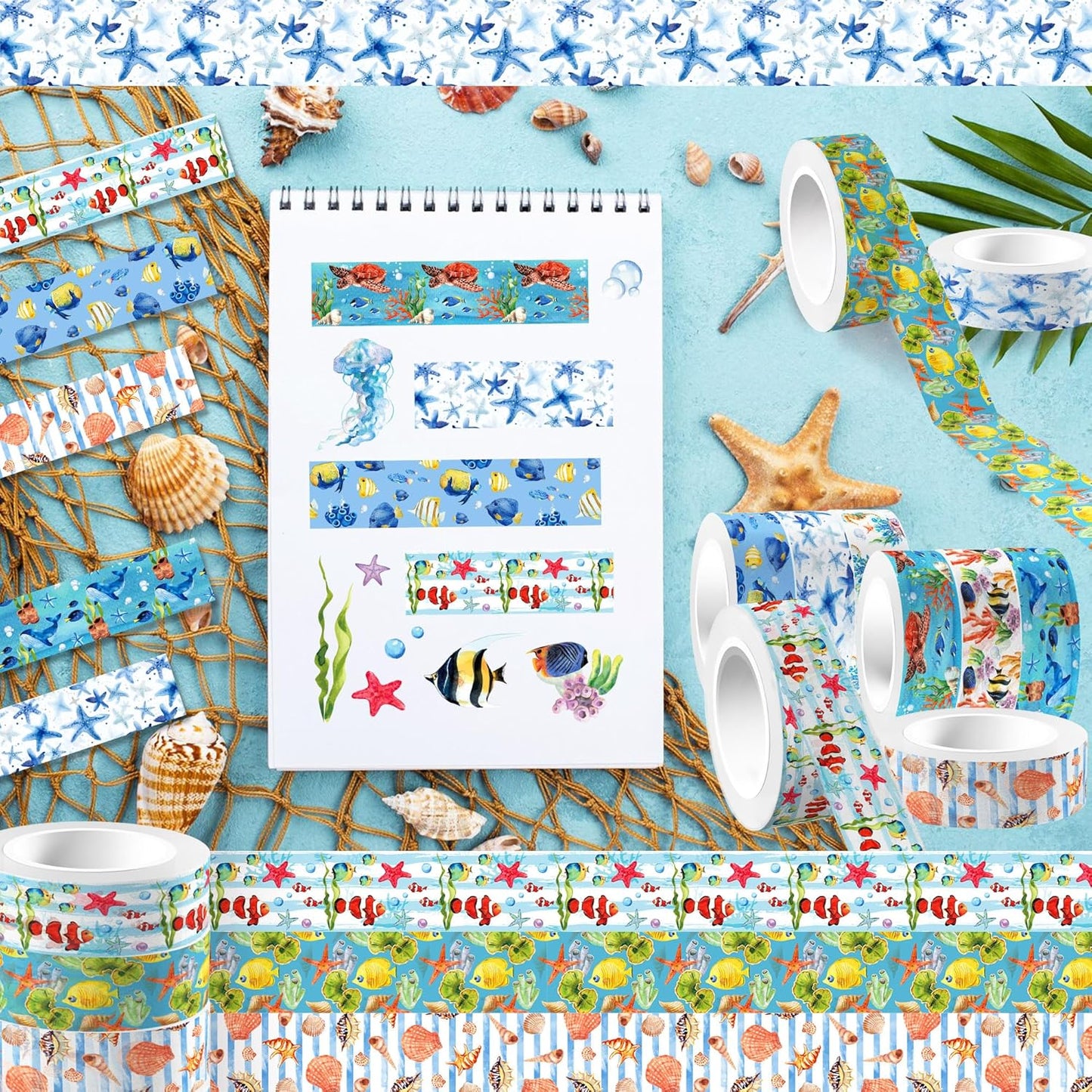 Ocean Washi Tape Set 12 Rolls,Decorative Tape Washi Tape,Tropical Style Sea Animals Ocean Party Decorative Tape Sticker for Scrapbook Journal DIY Art Crafts Gift Wrapping