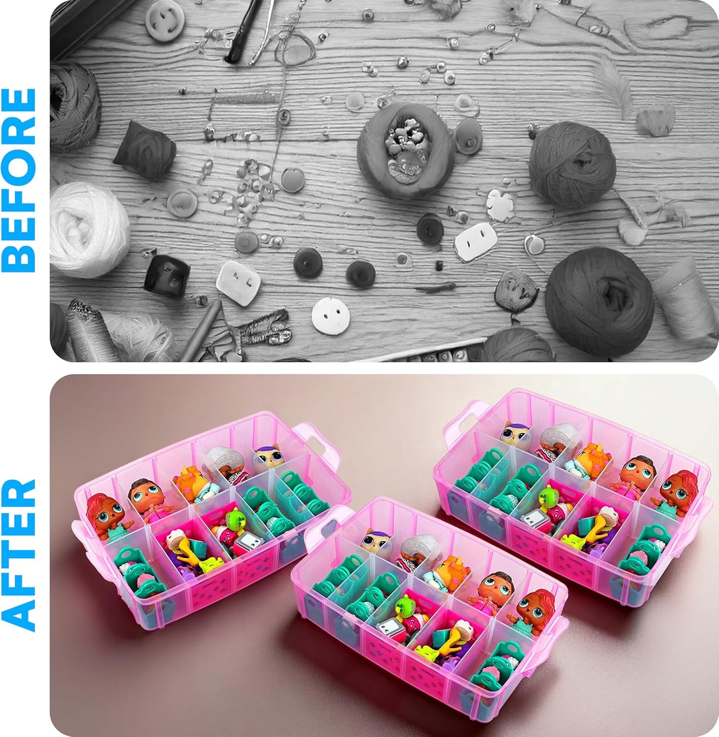 Bins & Things Bead Organizer with Adjustable Compartments - Durable Toy Organizers and Storage Solution for Dolls, Crafts, Mini Toy Figures, Jewelry and Beads - 3 Tier, 18 Compartments