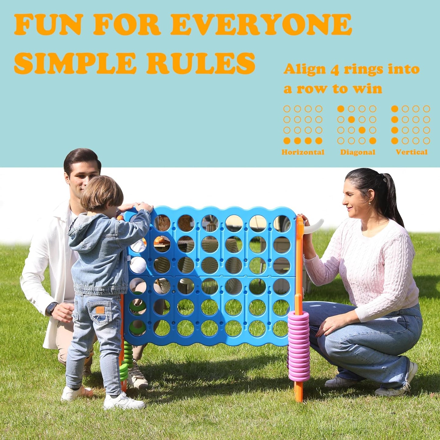 SDADI Height Adjustable Giant 4 in a Row Connect Game, 2-in-1 Jumbo 4-to-Score Game with Ring Toss Game Set, Indoor Outdoor Yard Game Party Game for Kids Adults and Family, Orange