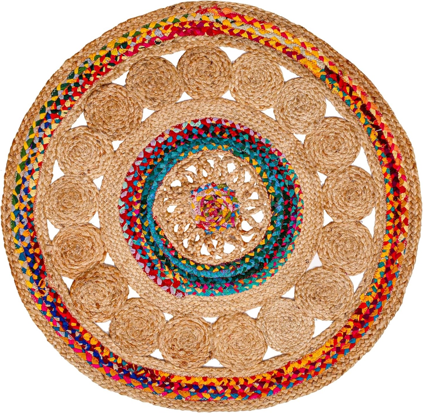 5' Round Handwoven Jute Chindi Area Rug - Colorful Boho Rugs for Living Room - Hand Braided Multicolor Bohemian Rug for Farmhouse, Bedroom, Dining Room, Classroom, Hallway, Kitchen, Office