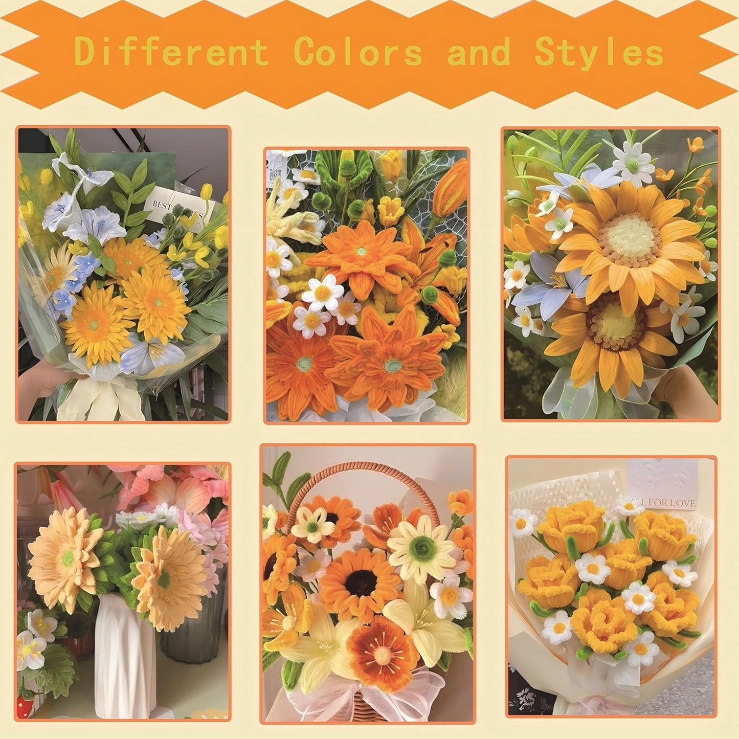 Pipe Cleaners Craft, 400pcs Pipe Cleaners with Flower Stems, Floral Tape, Ribbon, for Flower Bouquet DIY-Sunflower