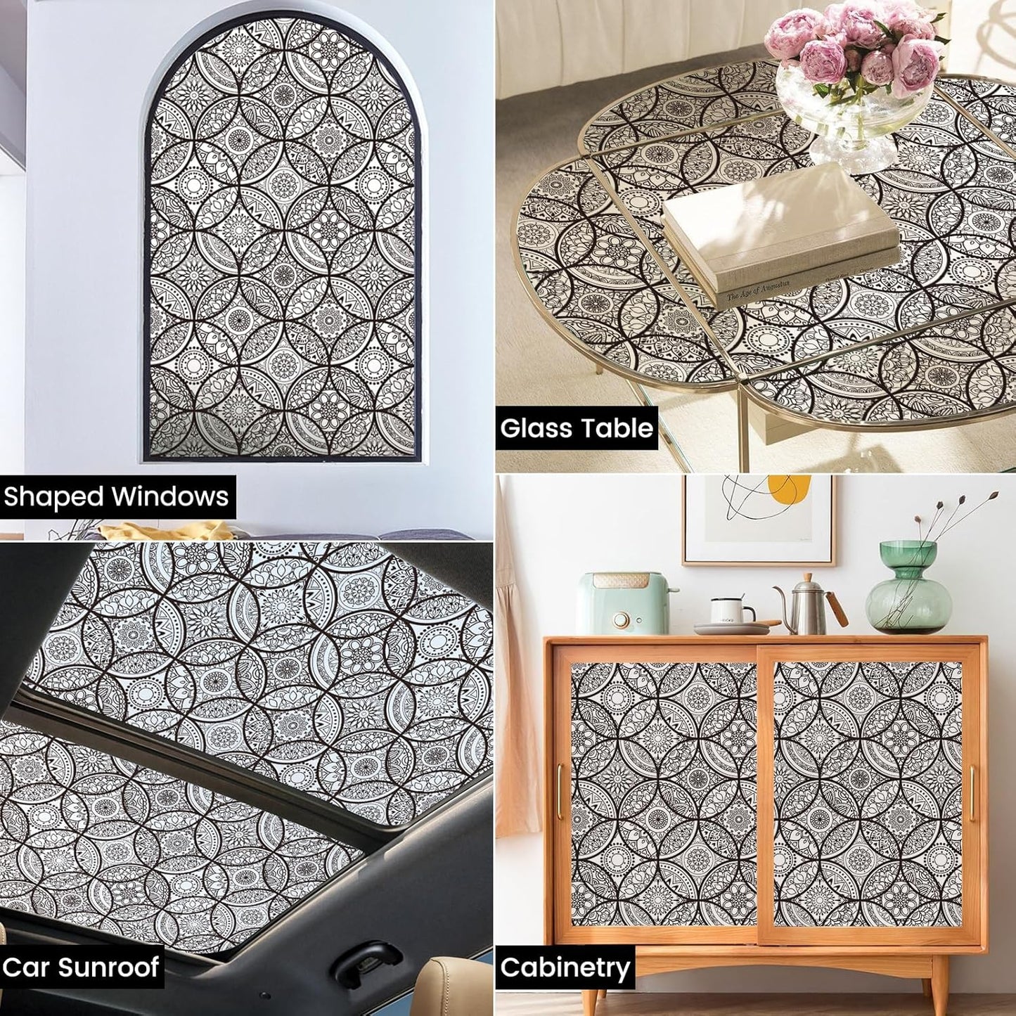 DKTIE Boho Stained Glass Look Window Privacy Film with Installation Tools, Decorative Frosted Glass Window Film Static Cling No Glue Removable, Pure Black, 35.4" x 78.7"