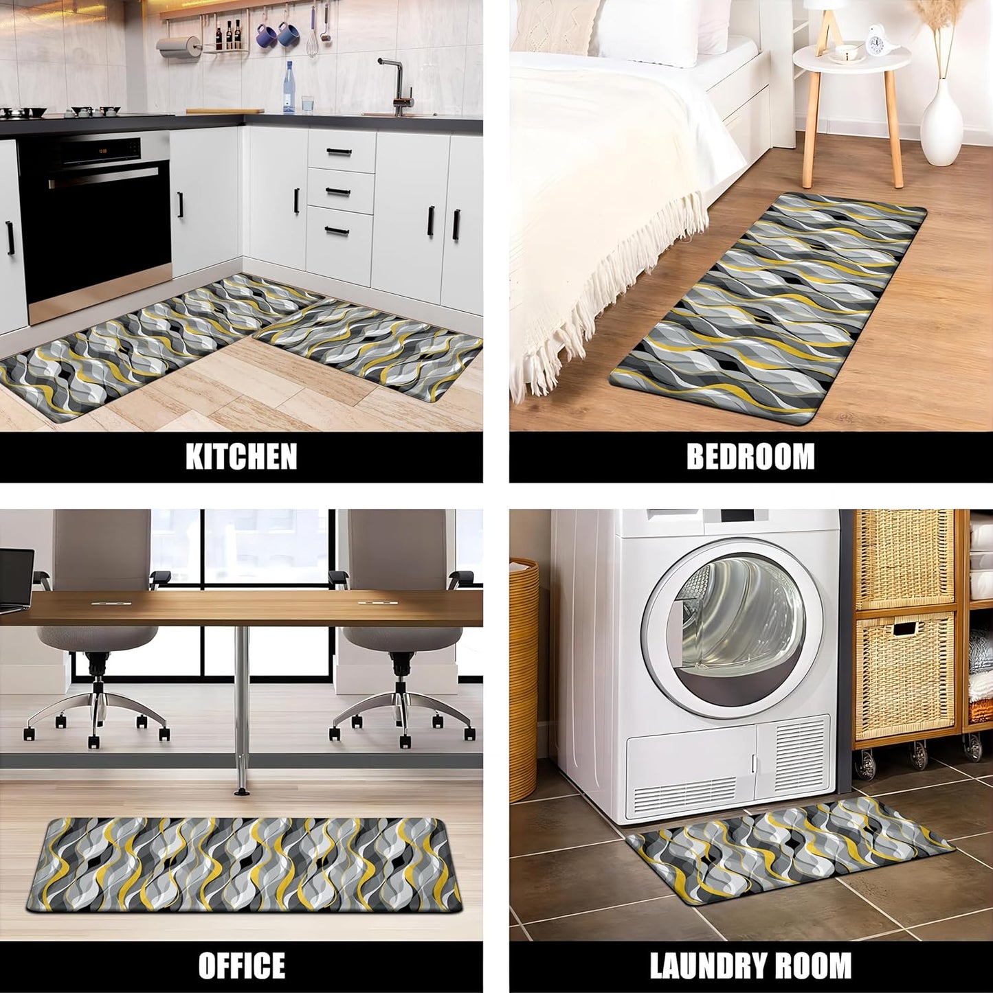 Kitchen Mats for Floor Modern Abstract kitchen rugs Grey and Yellow Stripe Anti Fatigue Kitchen Mats Waterproof Floor Mats Cushioned Non-Skid Standing Mats for Kitchen, Set of 2,17.3 x 28+17.3 x 47
