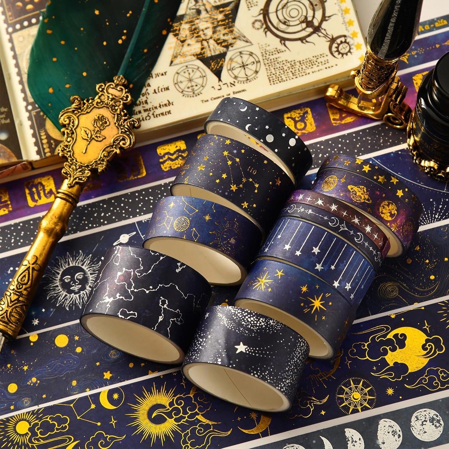 20 Rolls Galaxy Washi Tape Set Stars Arts Adhesive Tapes Gold Silver Foil Decorative Masking Tape Sets for Craft, Kids, Scrapbook, DIY, Gift Wrapping