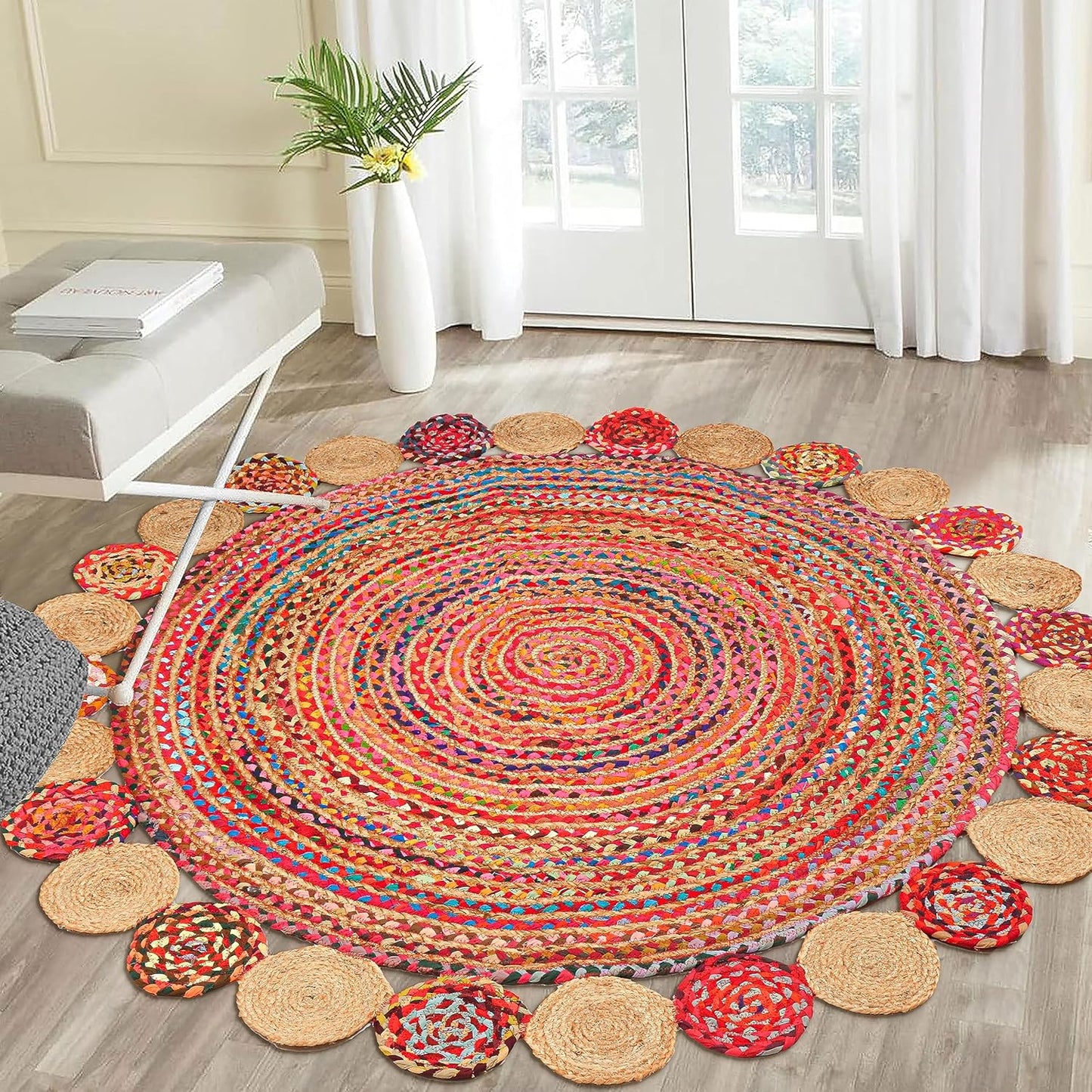 5' Round Handwoven Jute Chindi Area Rug - Colorful Boho Rugs for Living Room - Hand Braided Multicolor Bohemian Rug for Farmhouse, Bedroom, Dining Room, Classroom, Hallway, Kitchen, Office