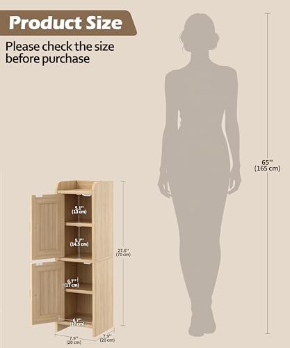 Akxomel Rattan Small Bathroom Cabinet Narrow Toilet Paper Organizer Oak - Image 2