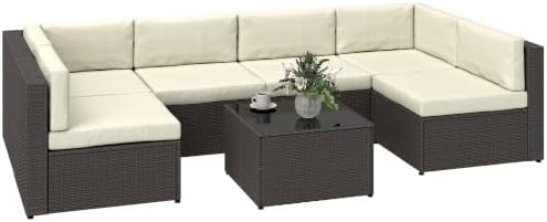 Outsunny 7 Piece Patio Furniture Set Wicker Outdoor Sectional Cream White by Outsunny