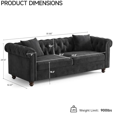 ONBRILL 82 Inch Chesterfield Sofa, 23 Inch Deep Seat Velvet Couch - Image 3