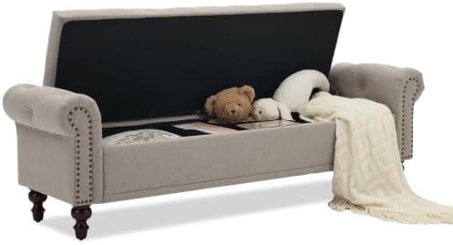 SOFTHION 67" Storage Bench for Bedroom, Linen Upholstered, Light Brown - Image 3