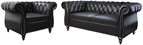 2 Piece Living Room Set, Chesterfield Leather Sofa Couch Chair by ORRD