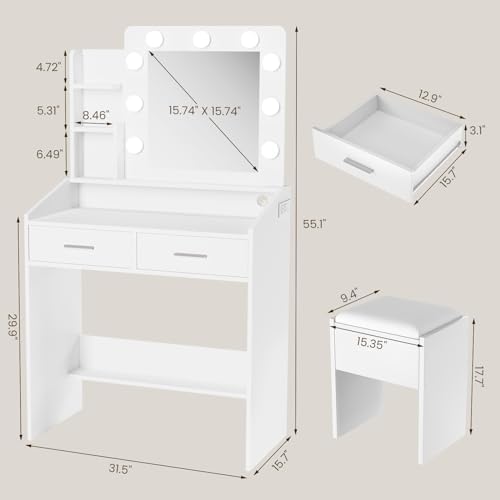 Vanity Desk with Power Outlet, Makeup Vanity with Large Mirror and LED Lights - Image 3
