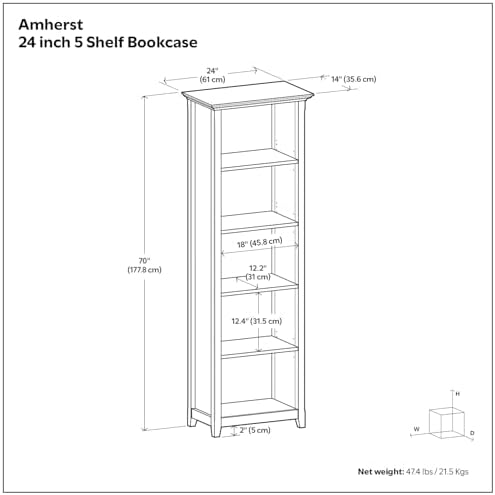 SIMPLIHOME Amherst 70" Tall Solid Wood 5-Shelf Bookcase in Hickory Brown - Image 3