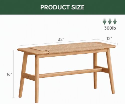 31.5'' Woven Dining Beach with 100% Solid Oak Wood Bench Frame, Hand Knitted - Image 3