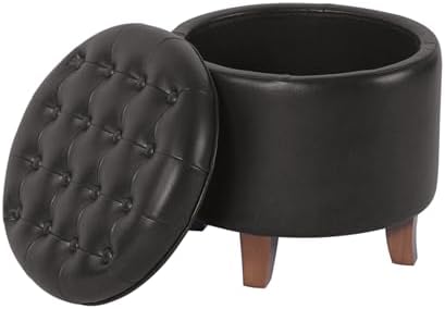 HomePop 19" Faux Leather Button Tufted Round Storage Ottoman - Image 6
