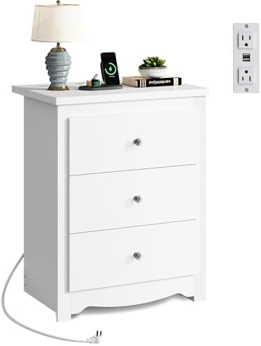 WLIVE Tall Nightstand with Charging Station, Wood Bedside Table by WLIVE