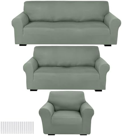 Peryiter 3 Pcs Couch and Loveseat Sofa Covers, Sage Green, Milk Silk by Peryiter