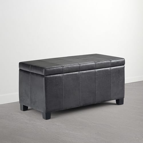 SIMPLIHOME Dover 36" Vegan Leather Ottoman in Distressed Graphite Black by SimpliHome
