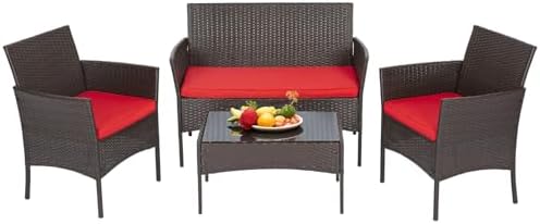 FDW 4-Piece Patio Furniture Set | Brown & Red | Outdoor Wicker Furniture by FDW