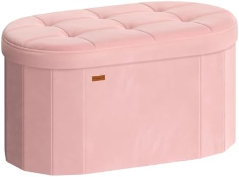 SONGMICS Folding Ottoman with Storage, Oval Bench, Velvet Fabric by SONGMICSbySONGMICSHOME
