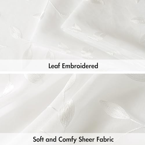 MIULEE Ivory Sheer Curtains 2 Panels Embroidered Leaf Patterned, W52 x L63 - Image 4