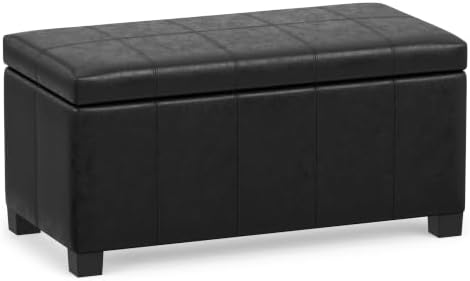 SIMPLIHOME Dover 36" Wide Vegan Leather Storage Ottoman in Distressed Black by SimpliHome