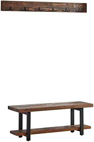 Pomona Solid Wood Entryway Bench and Coat Hook Set, Rustic Brown, 48 Inch - Image 3