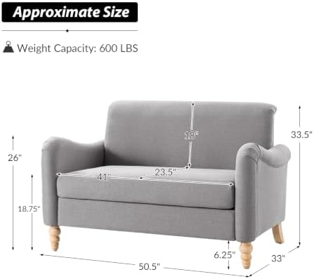 HULALA HOME 50.5" Farmhouse Loveseat Sofa, 2 Seater Sofa, Solid Grey - Image 2