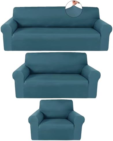 Peryiter 3 Pcs Couch and Loveseat Sofa Covers, Peacock Blue, Milk Silk by Peryiter