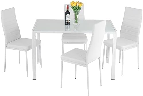 FDW | 5-Piece Dining Table Set | White | Glass Kitchen Table by FDW