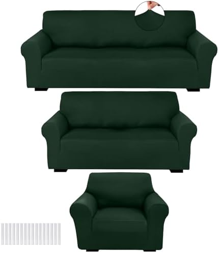 Peryiter 3 Pcs Couch and Loveseat Sofa Covers, Dark Green, Milk Silk by Peryiter