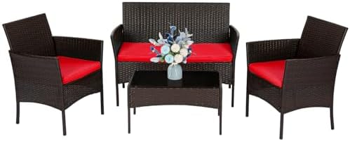 FDW 4-Piece Patio Furniture Set | Brown & Red | Outdoor Wicker Furniture by FDW