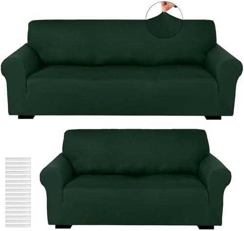 Peryiter 2 Pcs Couch and Loveseat Sofa Covers, Dark Green, Milk Silk by Peryiter