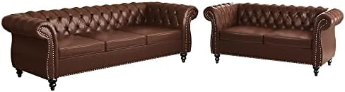 ORRD 2 Piece Living Room Set, Chesterfield Leather Sofa Loveseat Couch by ORRD