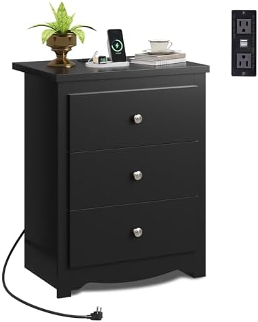 WLIVE Tall Nightstand with Charging Station, Wood Bedside Table by WLIVE
