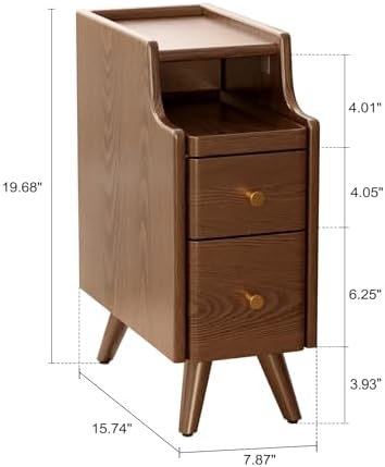 AQIMUELE Small Nightstand with Drawers, Solid Wood Bedside Table, Narrow Walnut - Image 2