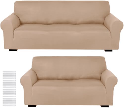 Peryiter 2 Pcs Couch and Loveseat Sofa Covers, Sand Color, Milk Silk by Peryiter