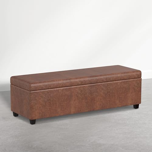 SIMPLIHOME Avalon 54" Vegan Leather Ottoman in Distressed Pecan Brown by SimpliHome