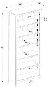 Camaflexi Shaker Style 6 Shelf Bookcase / Solid Wood / 72 inch Tall / - Image 3