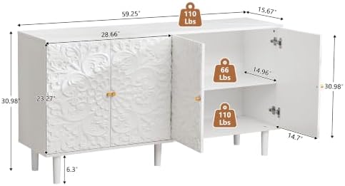 59" Buffet Cabinet with Storage, Floral Embossed 4 Door Sideboard - Image 2
