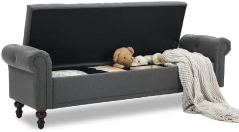 SOFTHION 67" Storage Bench for Bedroom, Linen Upholstered, Dark Grey - Image 3