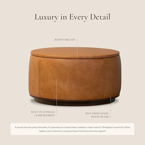 Poly & BARK Herve Storage Ottoman – Round Italian Full-Grain Leather Ottoman - Image 3