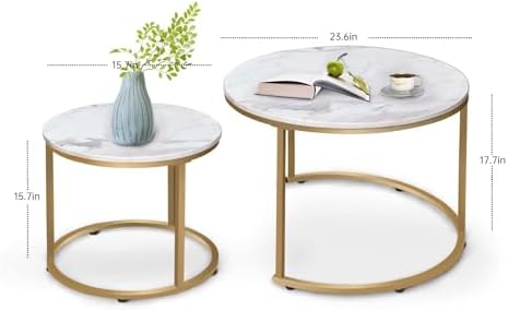 aboxoo Coffee Table Nesting White Set of 2 Side Set Golden Frame Circular Round - Image 3